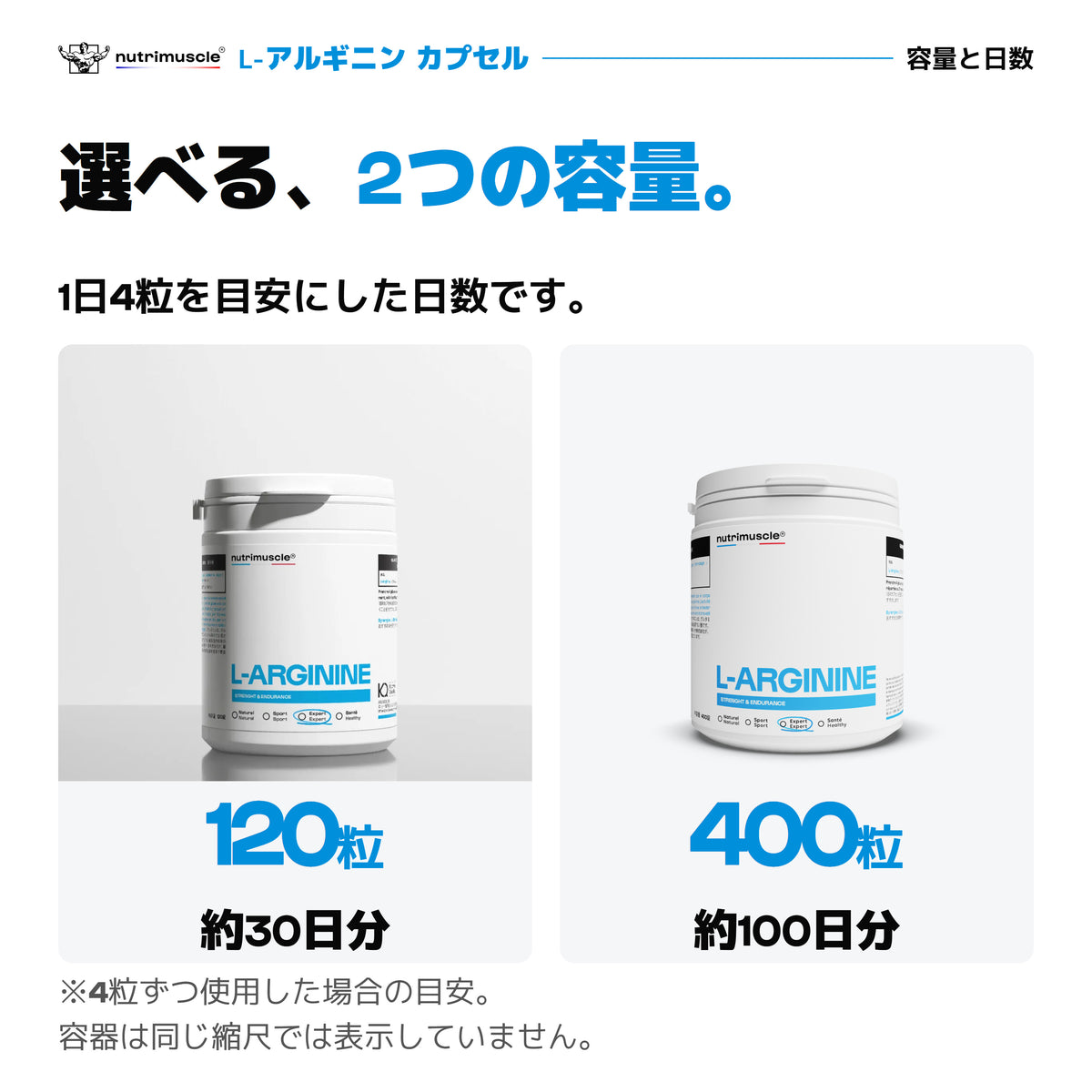 L-アルギニン カプセルは120粒と400粒。1日4粒を摂取した場合、約30日分と約100日分。