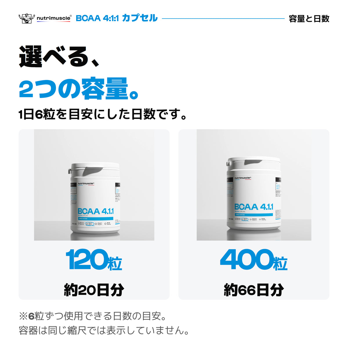 BCAAカプセル120粒と400粒。1日6粒を目安に、約20日分と約66日分。
