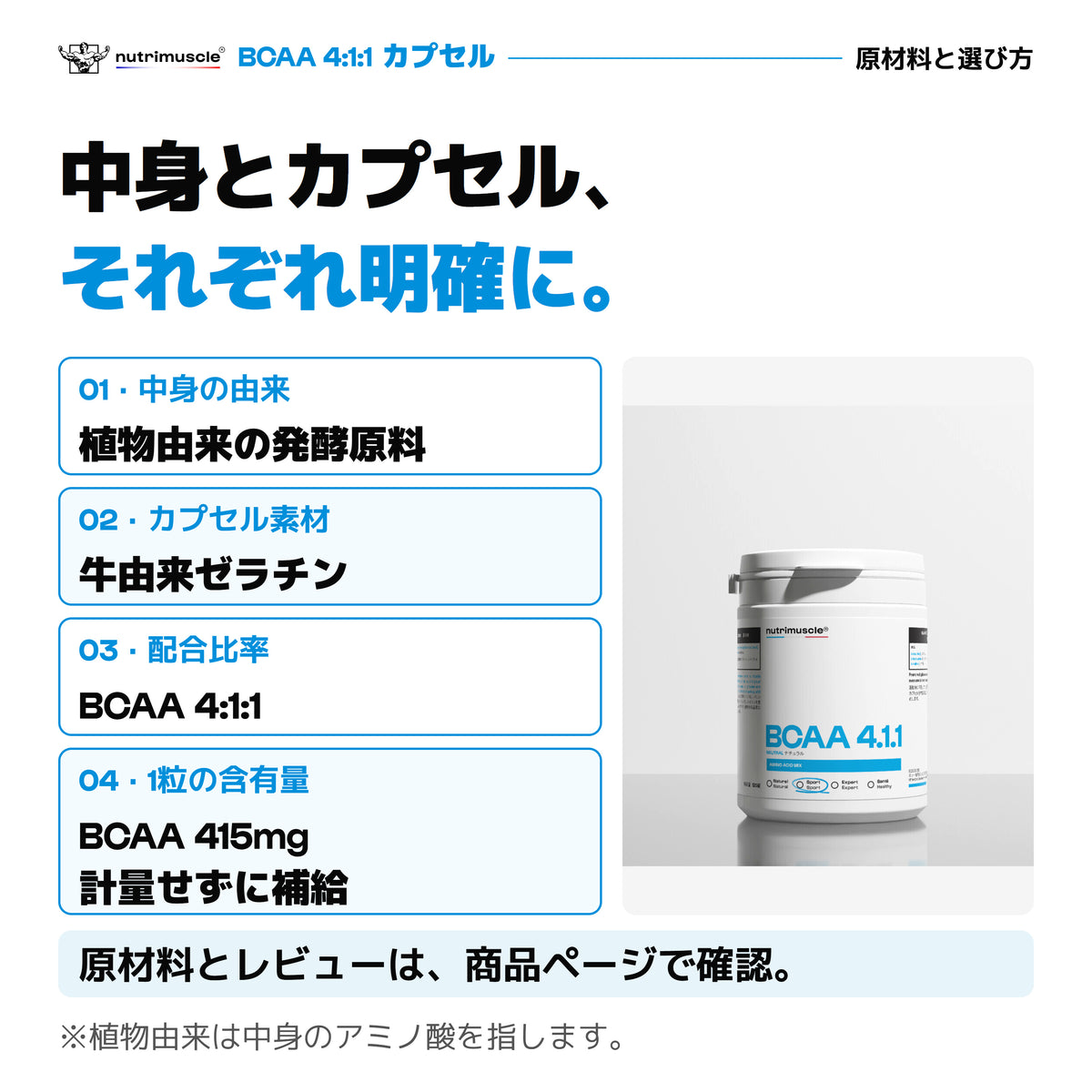 BCAAカプセルの中身と素材。植物由来の発酵アミノ酸と牛由来ゼラチン。1粒あたりBCAA415mg。