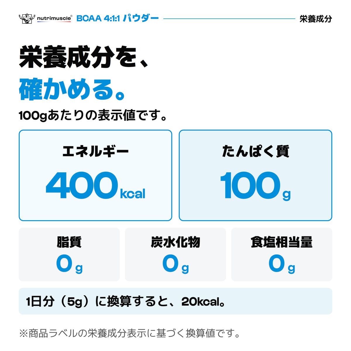 BCAAパウダーの栄養成分。100gあたり400kcal、たんぱく質100g。5gあたり20kcal。