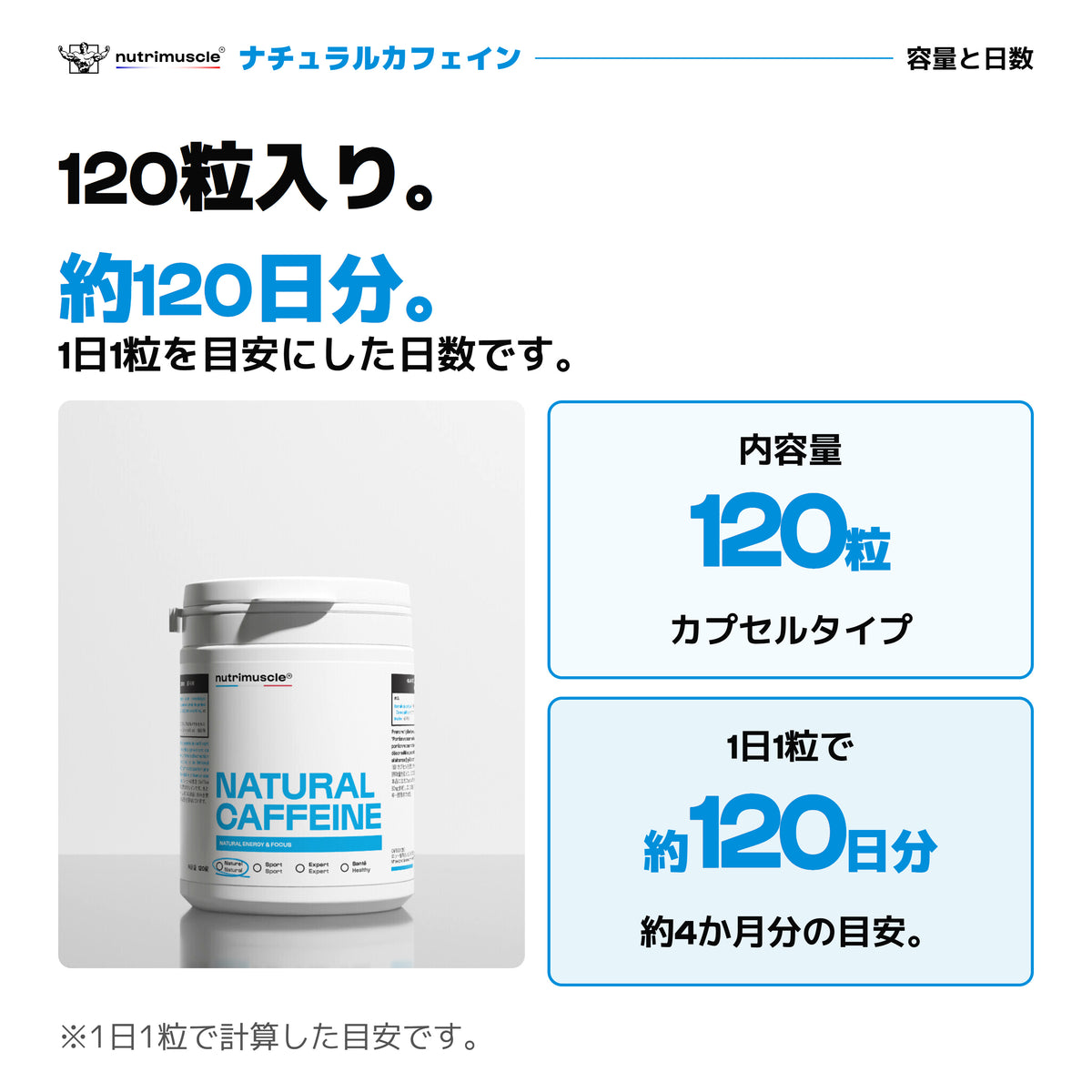 ナチュラルカフェイン120粒入り。1日1粒を目安に約120日分。カプセルタイプの公式パックショット。