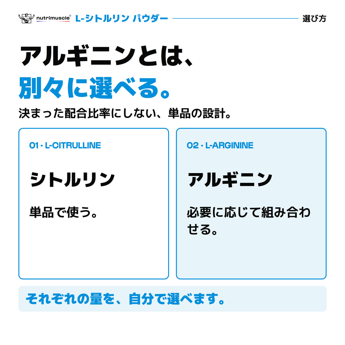 L-シトルリンとL-アルギニンを別々に選べる単品設計。決まった配合比率にせず、それぞれの量を選べる。