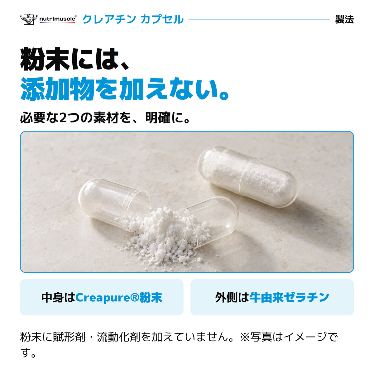 Creapure®粉末に賦形剤や流動化剤を加えないカプセルの配合