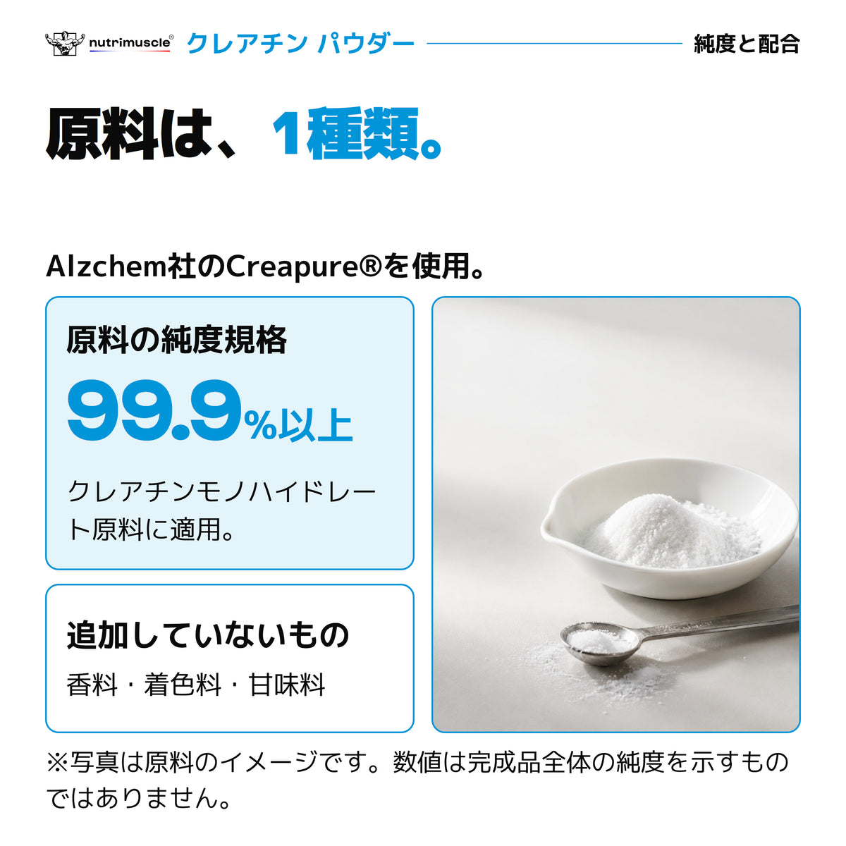 Creapure®原料の純度規格99.9%以上。原料は1種類