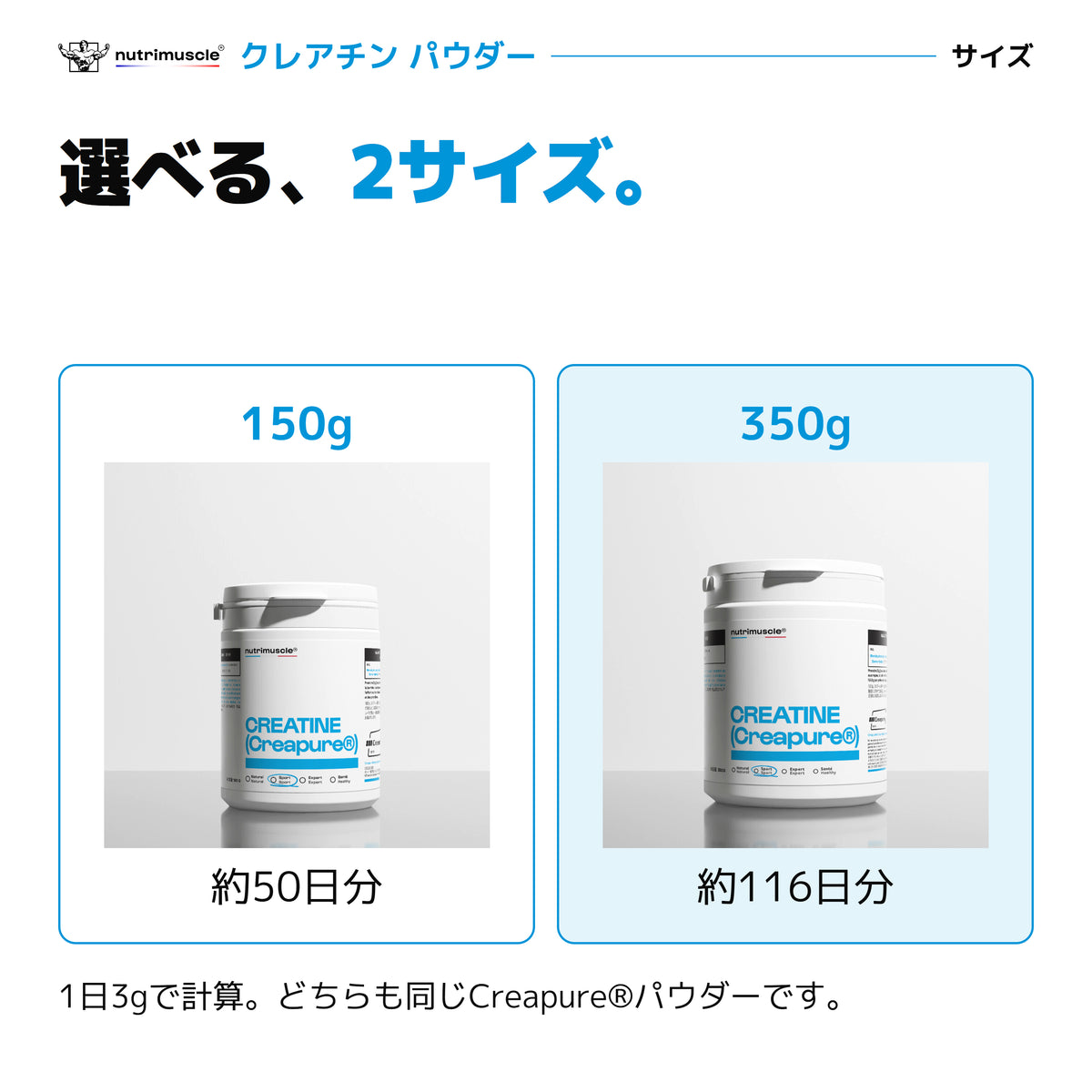 クレアチンパウダーの2サイズ。150g約50日分、350g約116日分