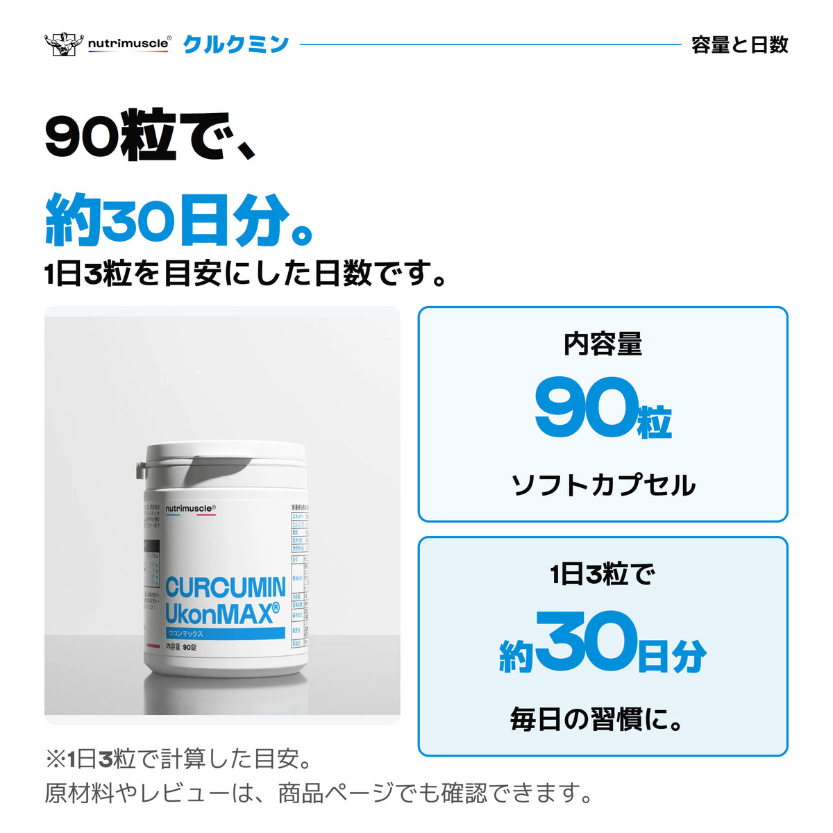 クルクミン90粒。1日3粒を目安に約30日分。原材料やレビューは商品ページで確認できます。