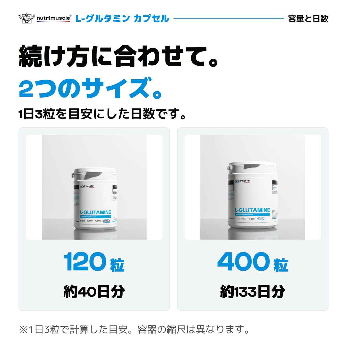 L-グルタミン カプセルの2つのサイズ。120粒入りは約40日分、400粒入りは約133日分。1日3粒で計算。公式パックショット。