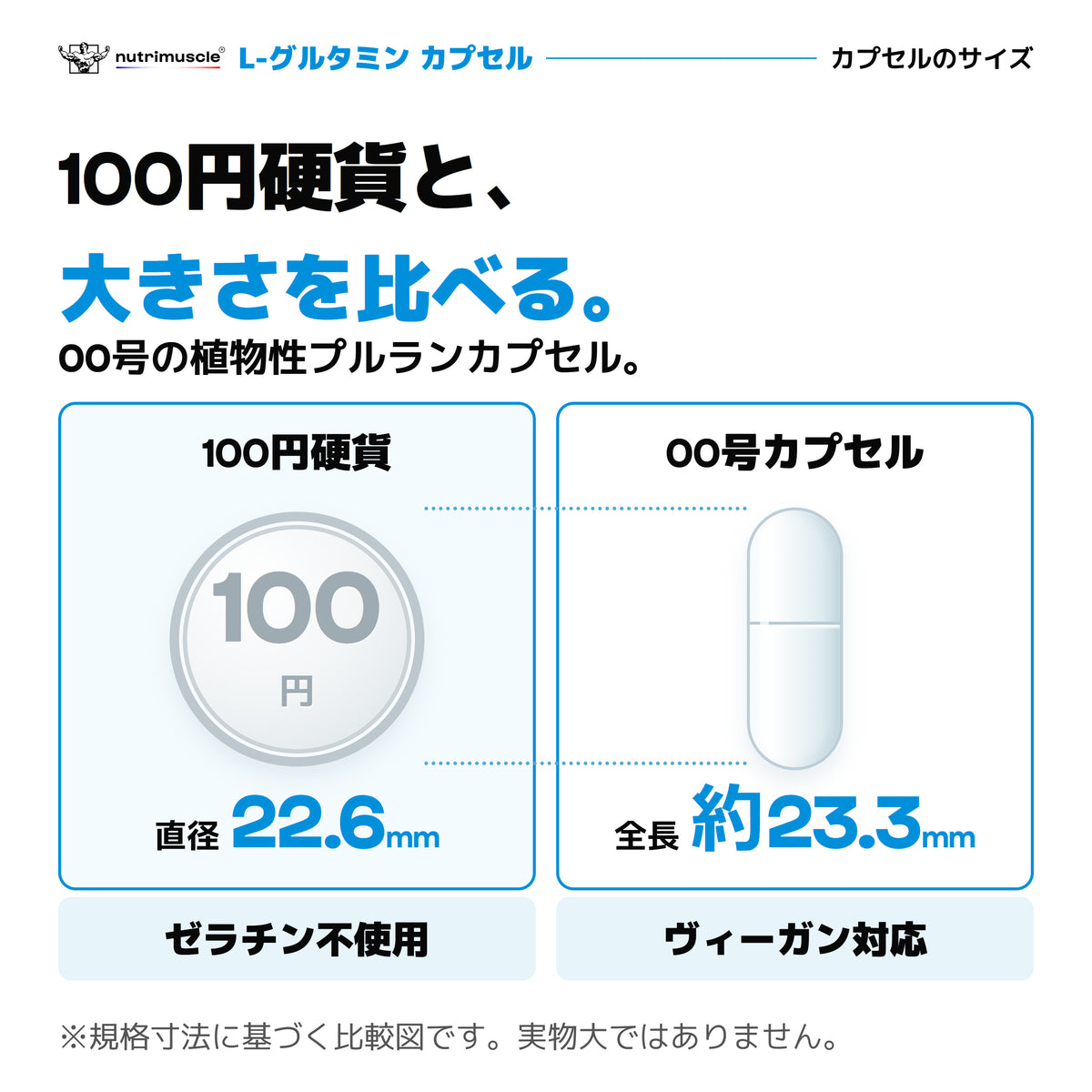 L-グルタミンは00号の植物性プルランカプセル。100円硬貨の直径22.6mmと、カプセルの規格上の長さ約23.3mmを比較。ゼラチン不使用、ヴィーガン対応。実物大ではありません。