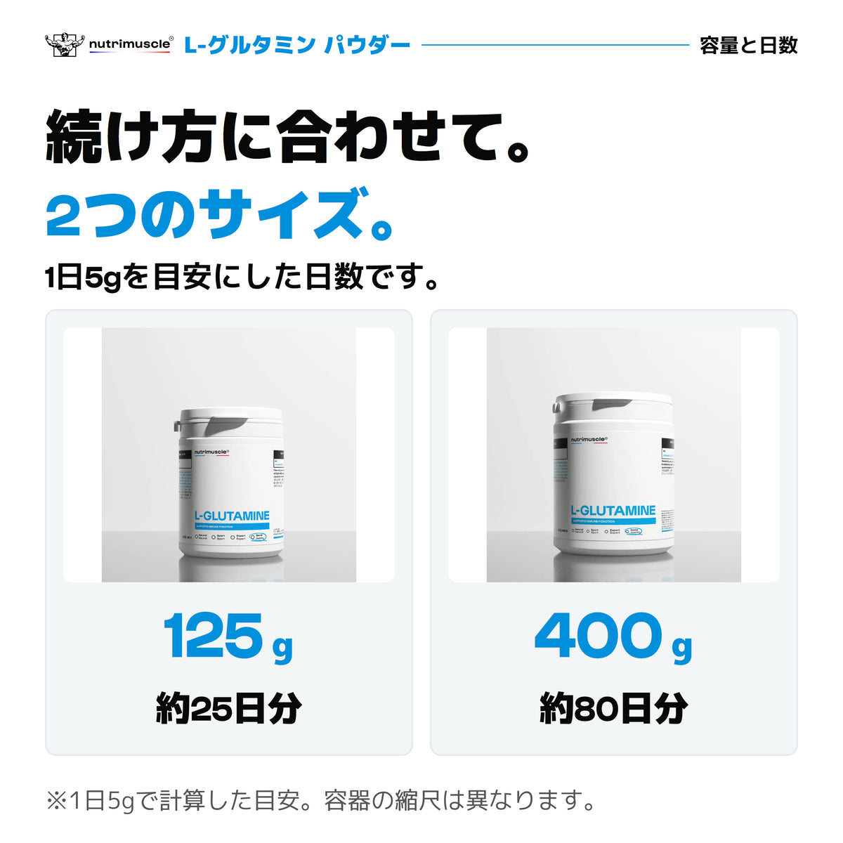 L-グルタミン パウダーの2つのサイズ。125g入りは約25日分、400g入りは約80日分。1日5gで計算。公式パックショット。