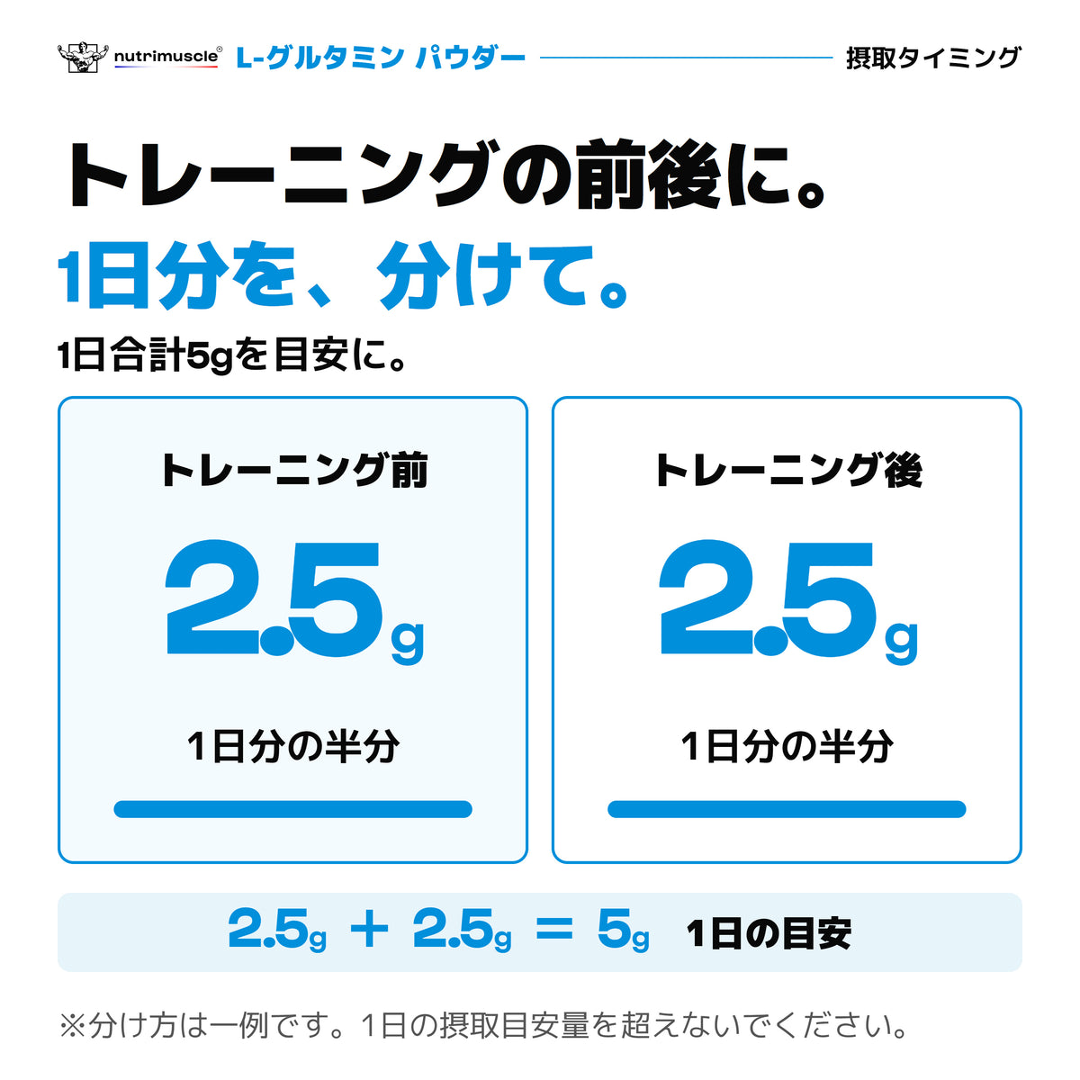 L-グルタミン パウダーの摂取タイミング例。トレーニング前2.5gと後2.5g、1日合計5g。分け方は一例です。