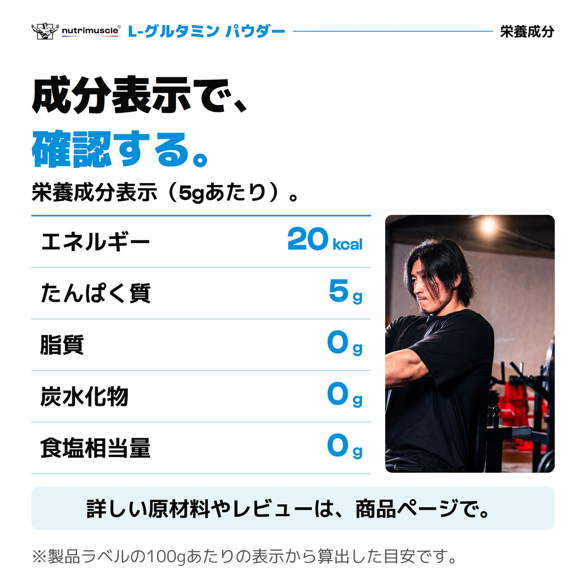 L-グルタミン パウダーの栄養成分表示、5gあたり。20kcal、たんぱく質5g、脂質0g、炭水化物0g、食塩相当量0g。製品ラベルの100gあたりの表示から算出した目安。