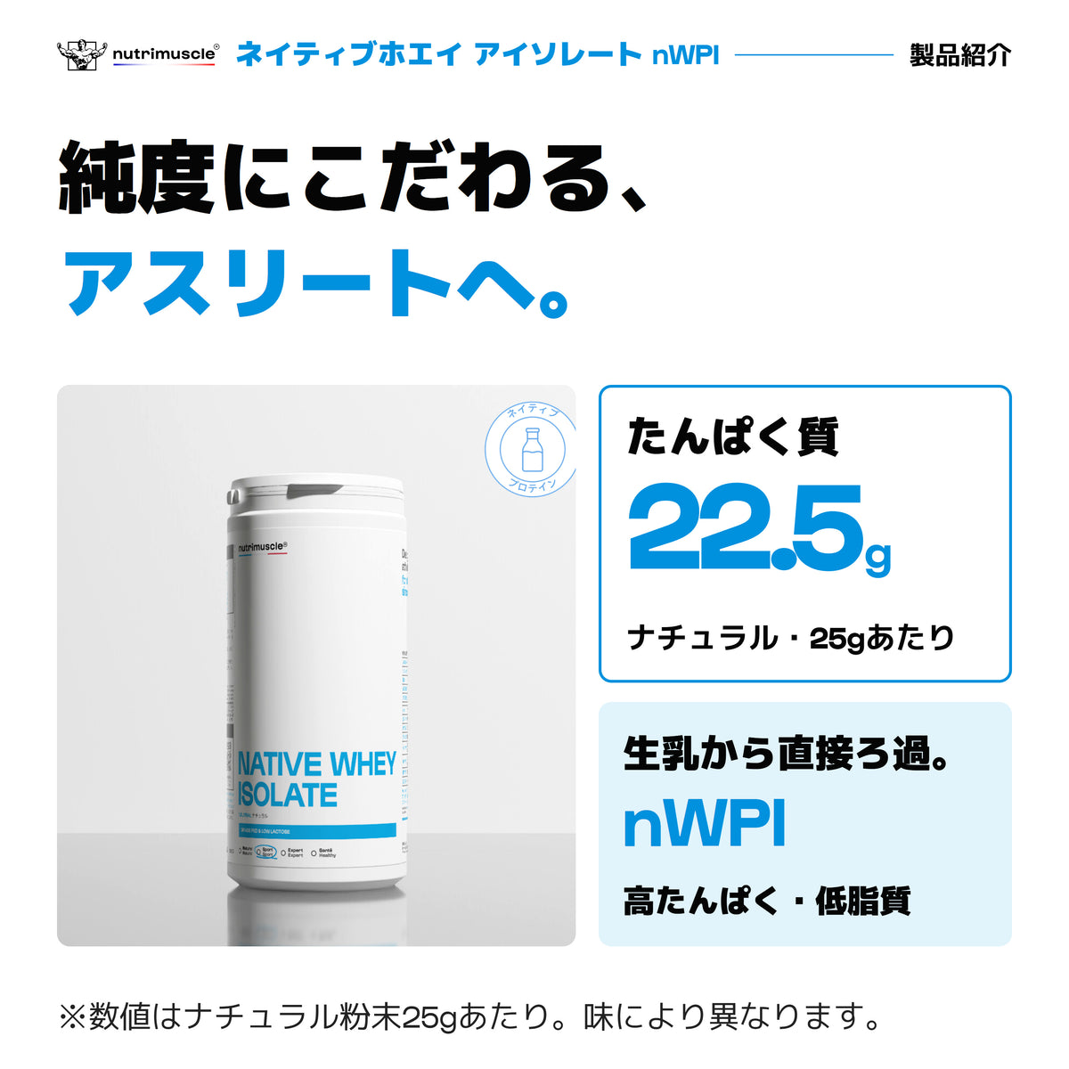 ネイティブホエイ アイソレート nWPI。牛乳から直接得たホエイ原料。ナチュラルは粉末25gあたりたんぱく質22.5g。高たんぱく、低脂質。公式パックショット。