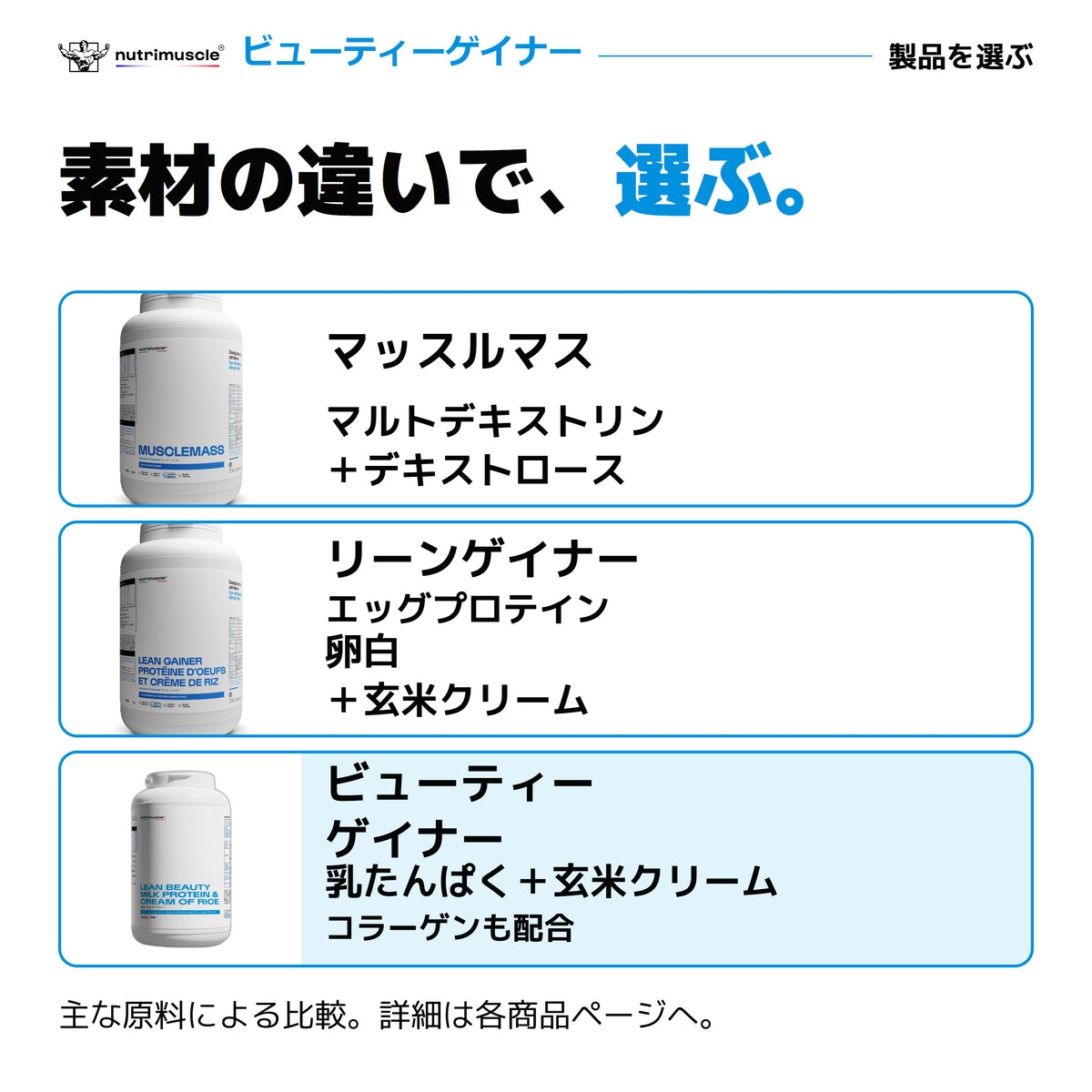 ビューティーゲイナー｜マッスルマス、リーンゲイナー エッグ、ビューティーゲイナーの主原料を比較。