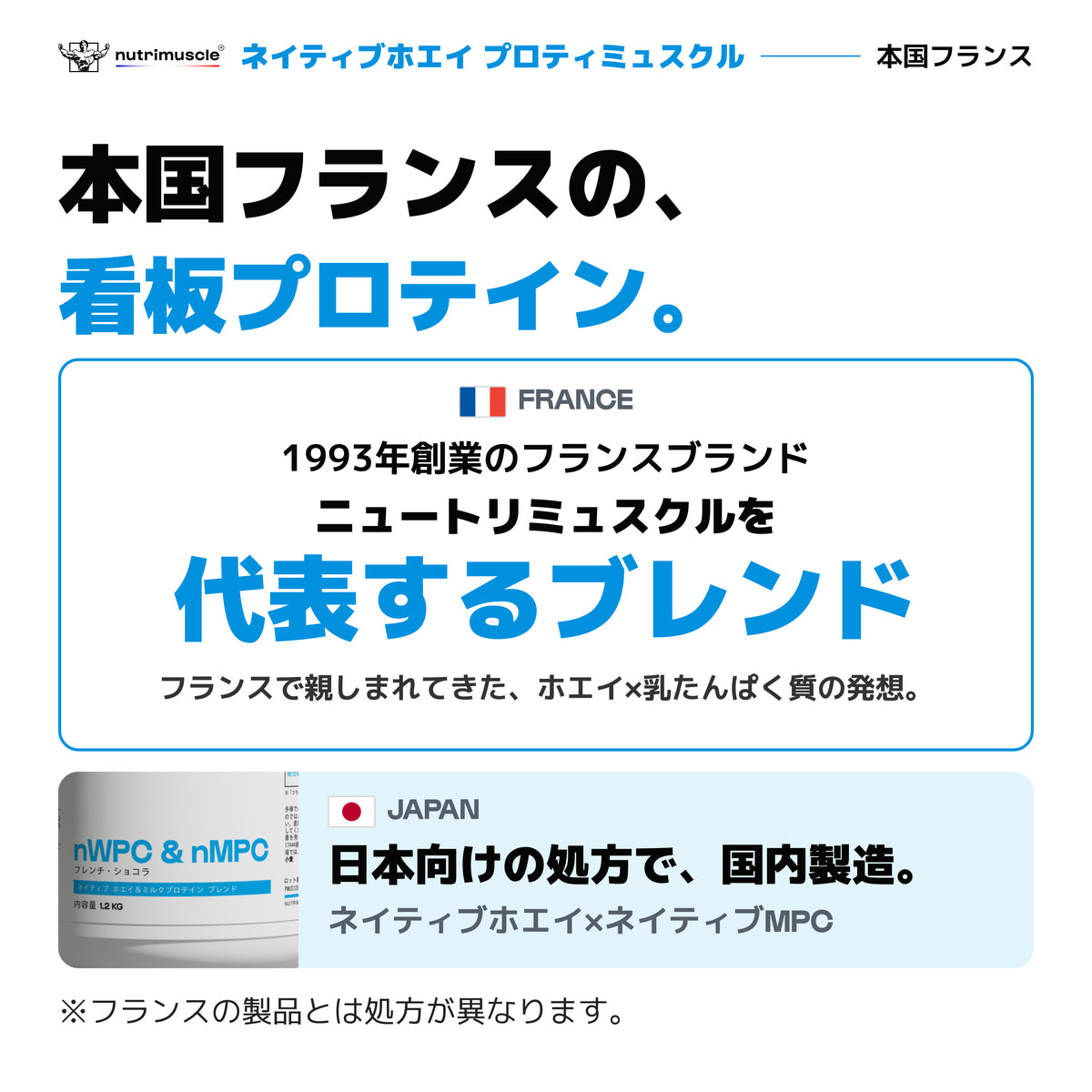 ネイティブホエイ プロティミュスクル｜フランスのニュートリミュスクルを代表するブレンド、日本国内で製造