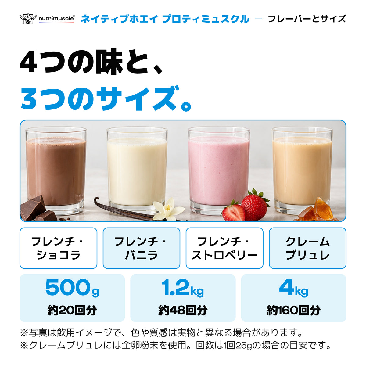 ネイティブホエイ プロティミュスクル｜4つのフレーバーと3つのサイズ