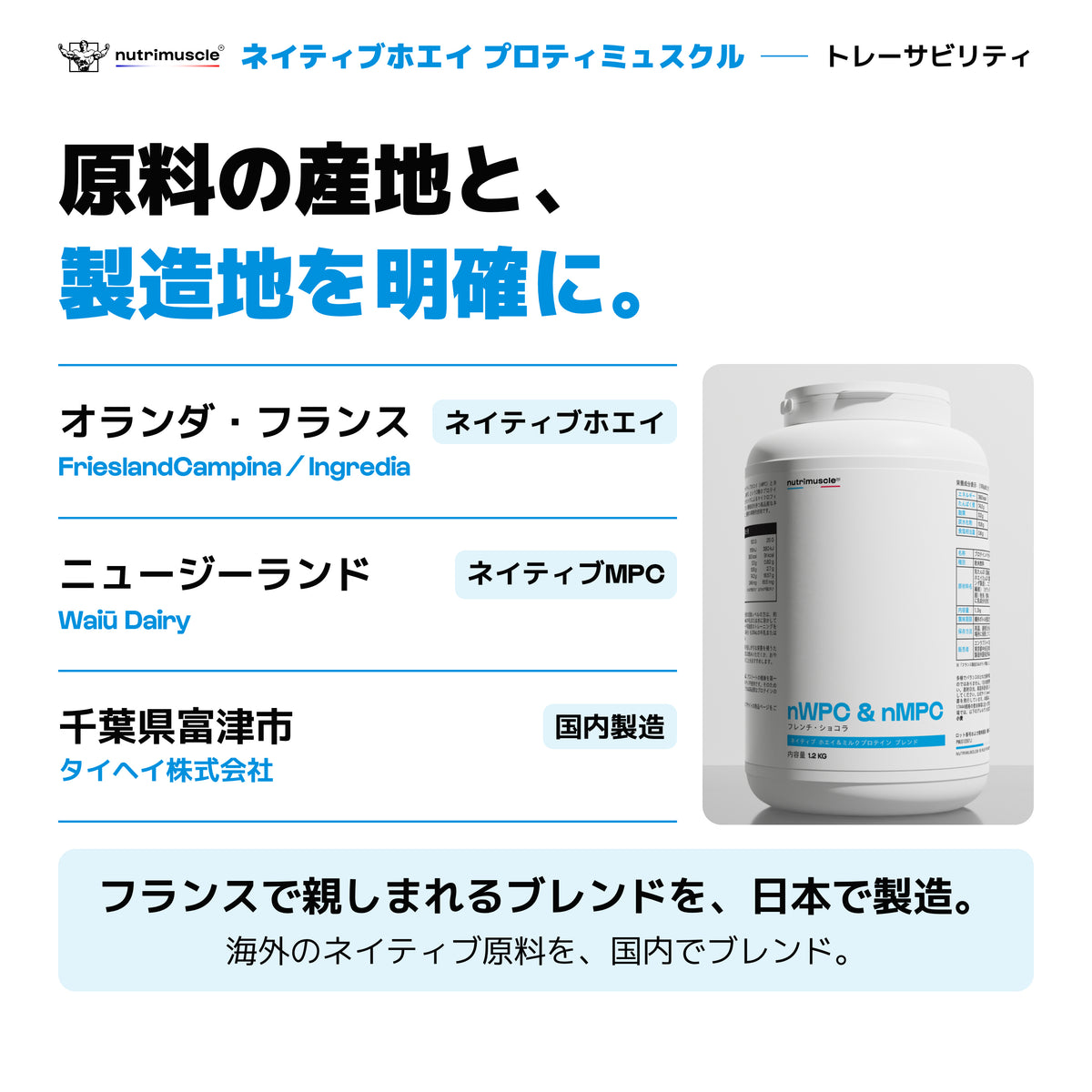 ネイティブホエイ プロティミュスクル｜原料の産地と国内製造のトレーサビリティ