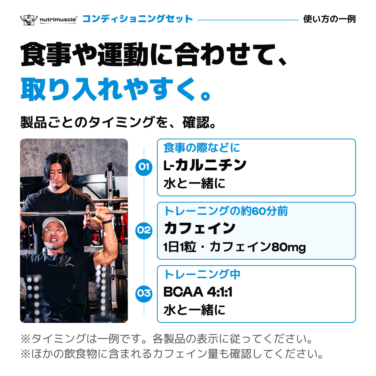 使い方の一例。食事の際にカルニチン、トレーニング約60分前にカフェイン、運動中にBCAA。カフェインは1日1粒80mg、ほかの飲食物の含有量も確認。