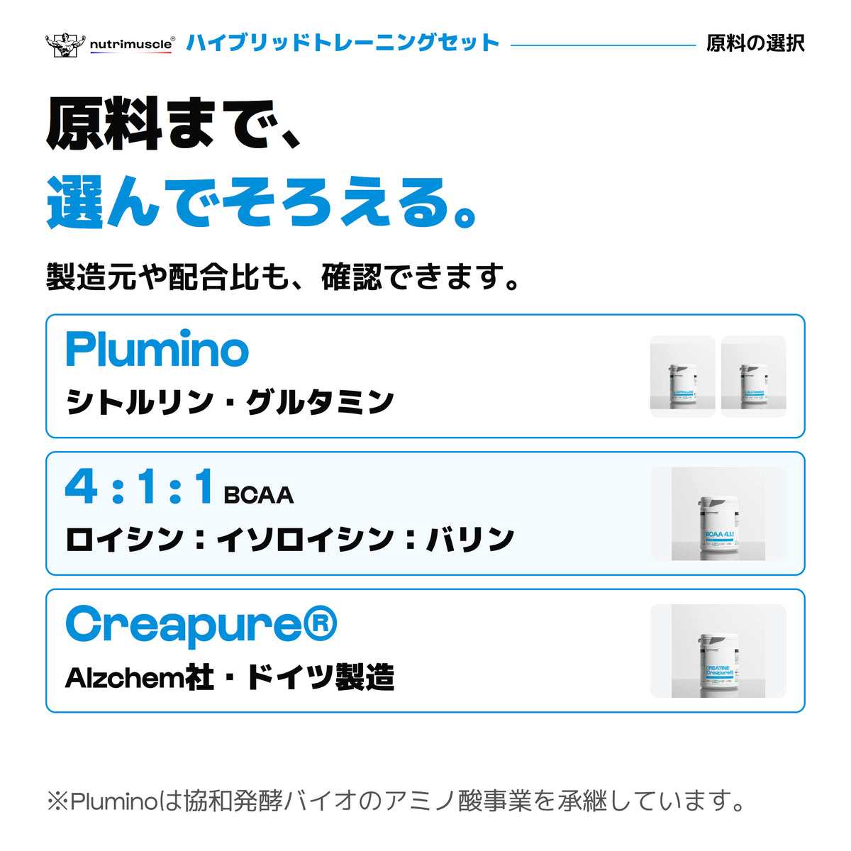 セットの原料。シトルリンとグルタミンはPlumino、BCAAは4:1:1、クレアチンはドイツ製造Creapure原料。Pluminoは協和発酵バイオのアミノ酸事業を承継。