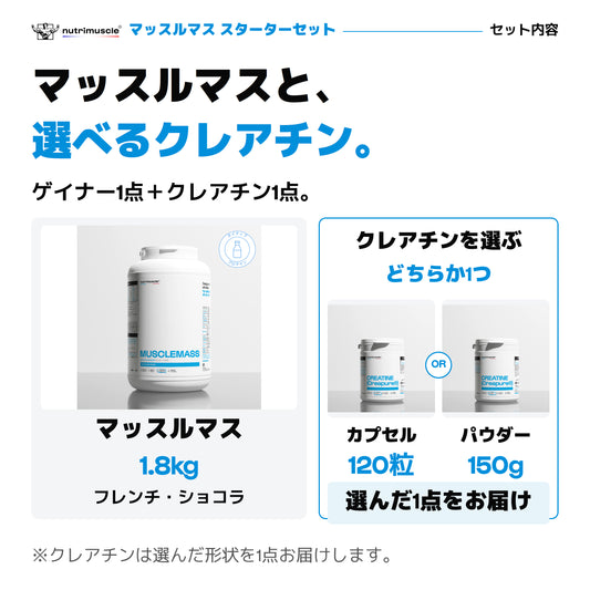 マッスルマス1.8kg（フレンチ・ショコラ）とクレアチンの2点セット。クレアチンは120カプセルまたは150gパウダーから1点。公式パックショット。