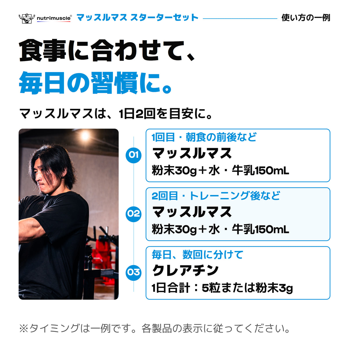 マッスルマスセットの使い方の一例。マッスルマス30gを1日2回、朝食の前後やトレーニング後などに。クレアチンは毎日の目安量を数回に分けて。