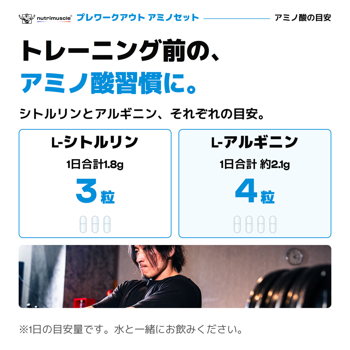 1日のアミノ酸量。シトルリンは3カプセルで1.8g、アルギニンは4カプセルで約2.1g。水と一緒に。模式図も3粒と4粒で表示。