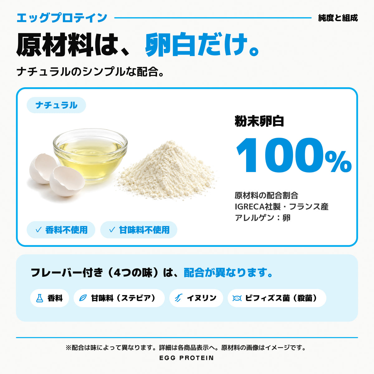 エッグ プロテイン パウダー｜原材料は、卵白だけ。原材料は粉末卵白100%。香料不使用・甘味料不使用 - Nutrimuscle Japan