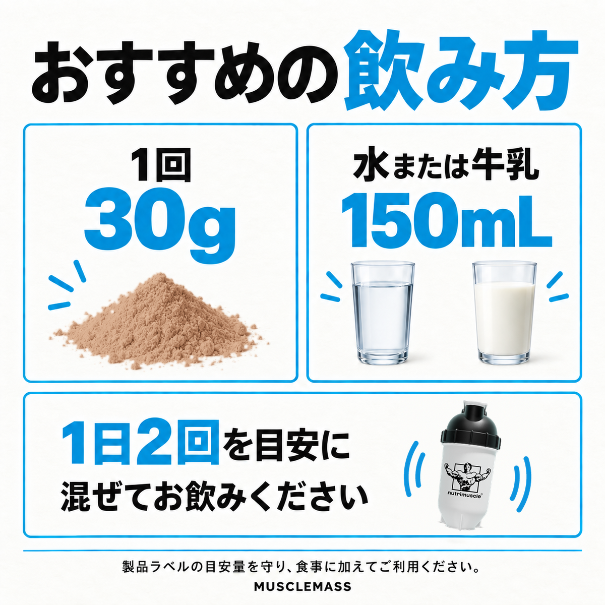 マッスルマスの飲み方：1回30gを水または牛乳150mLに混ぜ、1日2回を目安に食事に加えて利用