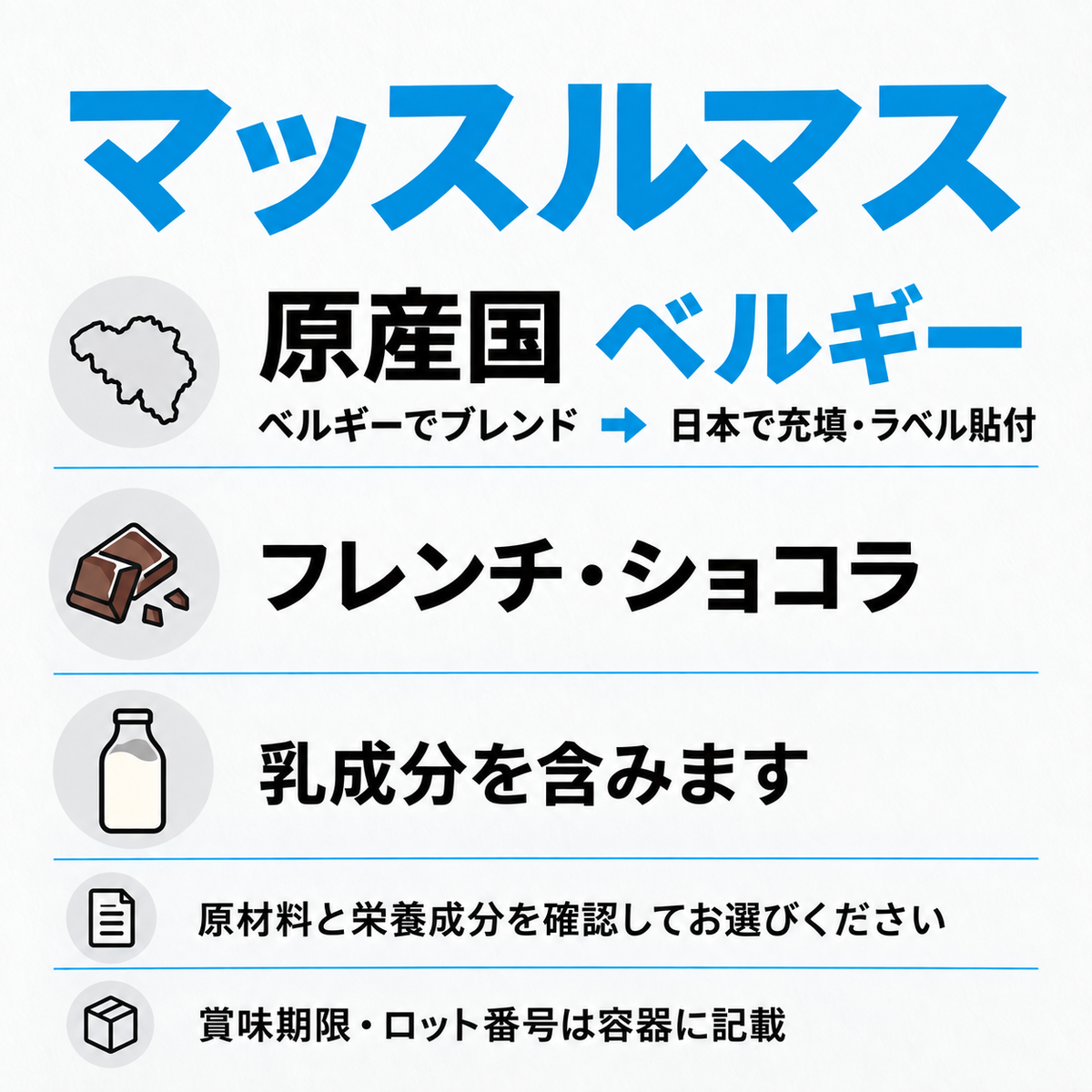 マッスルマス：ベルギーでブレンド、日本で充填・ラベル貼付。原産国ベルギー、フレンチ・ショコラ味、乳成分を含みます。