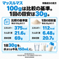 マッスルマスの栄養成分：比較の基準100gと1回の目安30gを区別。375kcalと112kcal、たんぱく質21.6gと6.48g、炭水化物69gと20.7g。
