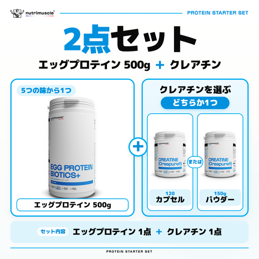 エッグプロテイン 500gとクレアチンの2点セット。エッグプロテインは5つの味から1つ、クレアチンは120カプセルまたは150gパウダーから1つ選べます。