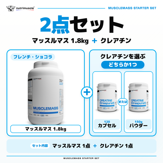 マッスルマス 1.8kg（フレンチ・ショコラ）とクレアチンの2点セット。クレアチンは120カプセルまたは150gパウダーから1つ選べます。