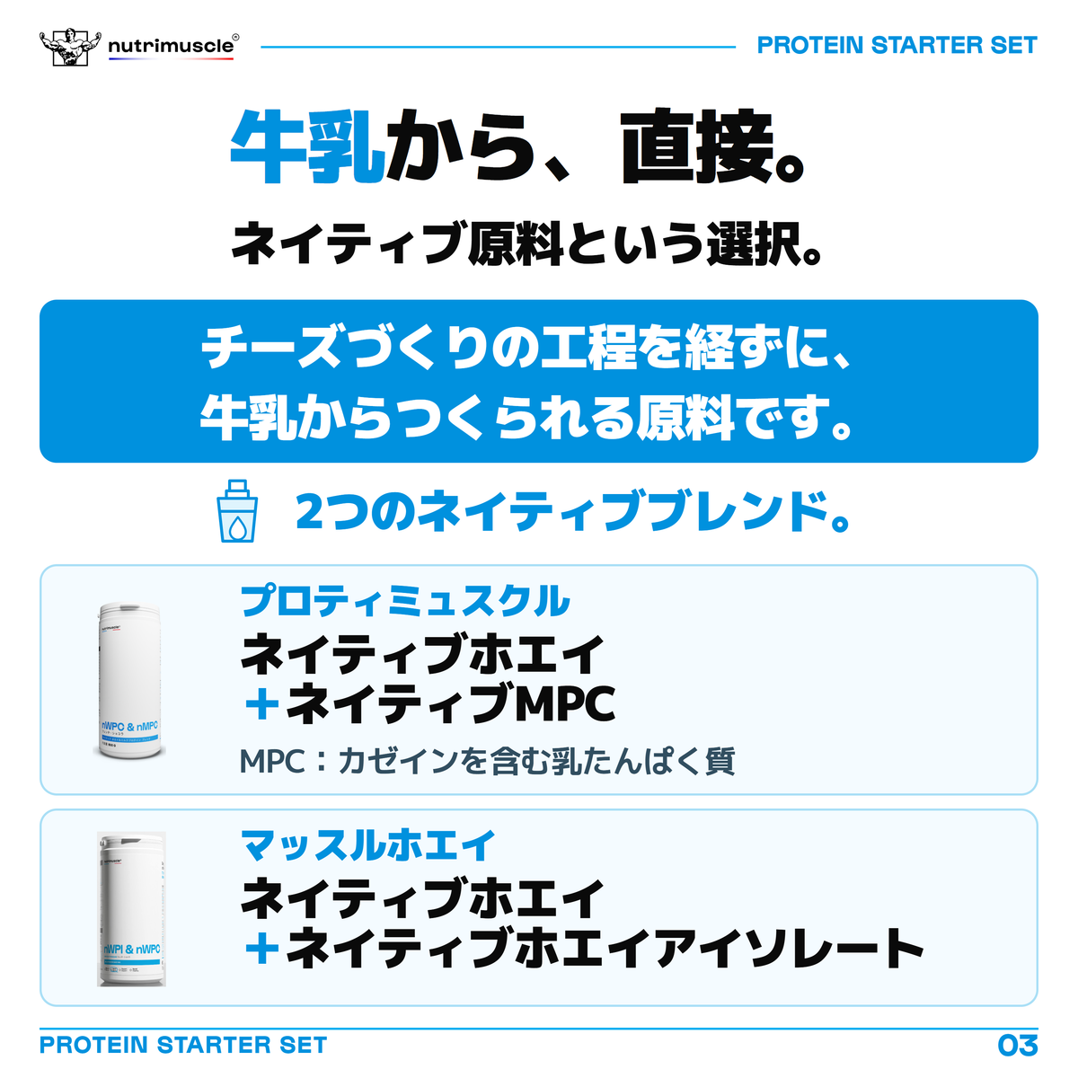 プロティミュスクルとマッスルホエイのネイティブ原料は、チーズづくりを経ずに牛乳からつくられます。プロティミュスクルはネイティブホエイとネイティブMPC、マッスルホエイはネイティブホエイとネイティブホエイアイソレートのブレンド。MPCはカゼインを含む乳たんぱく質です。