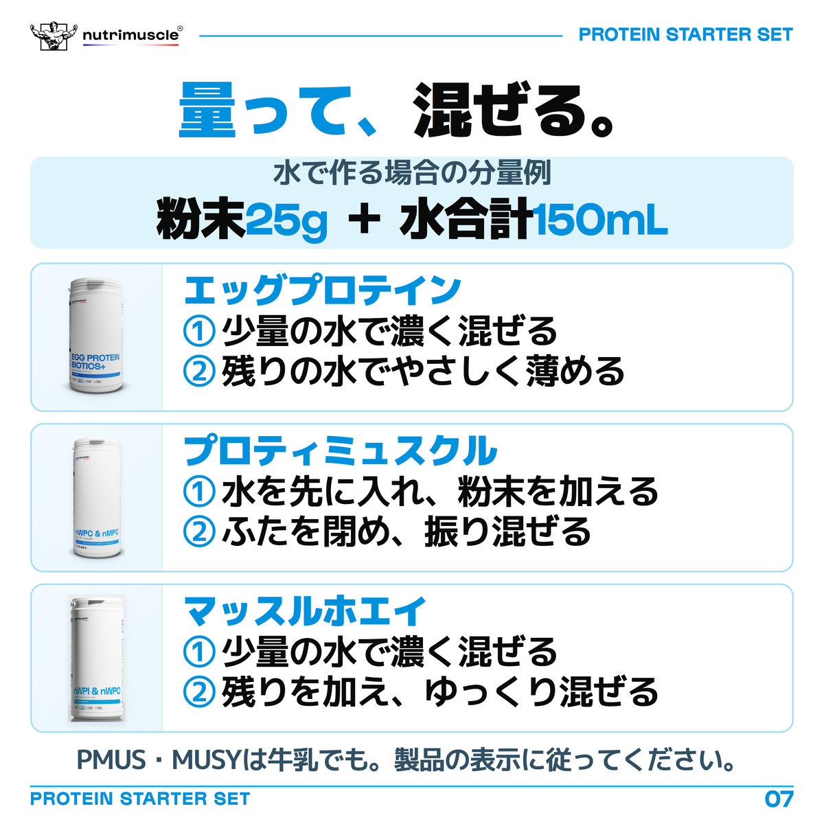 プロテインを水で作る分量例は、粉末25gと水合計150mL。EGGとマッスルホエイは少量の水で濃く混ぜ、残りの水を加えてやさしく混ぜます。プロティミュスクルは水を先に入れ、粉末を加え、ふたを閉めて振り混ぜます。PMUS・MUSYは牛乳でも作れます。製品の表示に従ってください。